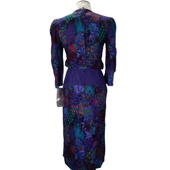 Vintage 80s Secretary Midi Dress Size S/M Rayon Purple Boho Floral Print - Picture 3 of 12